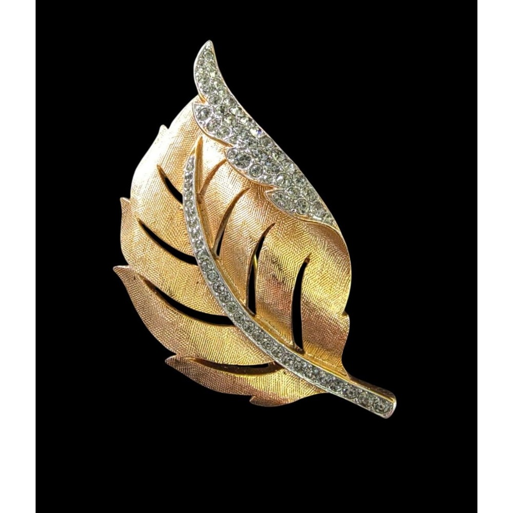 Trifari Gold Tone Leaf Brooch Textured Pave Rhinestones Vintage Jewelry